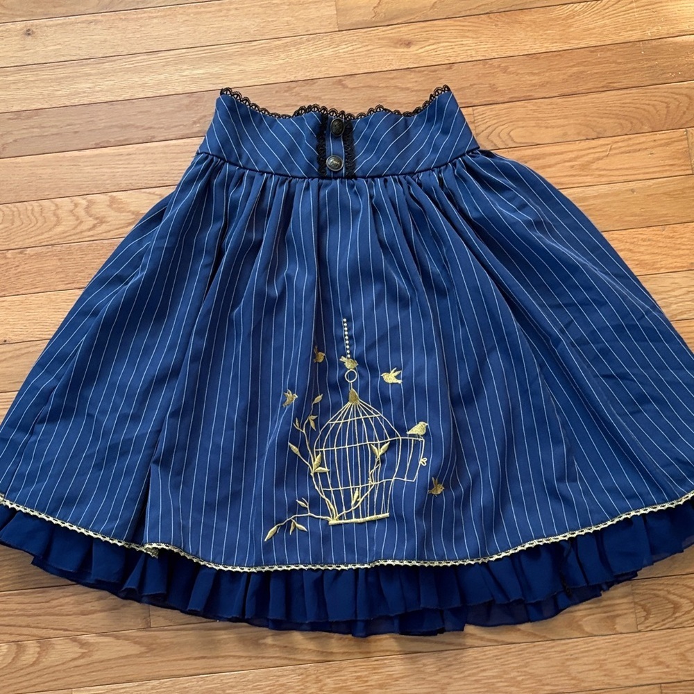 Elegant Blue A-Line Skirt with Gold Birdcage Design